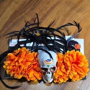 Orange Floral Skull Headband Halloween Day of the Dead Head Piece elastic NWT